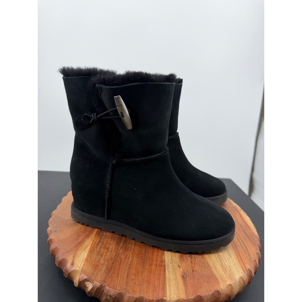 UGG Classic Femme Toggle Wedge Boots Womens 9 Black Suede 1113479